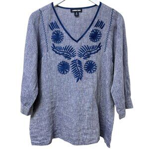 LANDS END Linen Top Medium Blue Embroidered Womens Blouse Pullover Boho